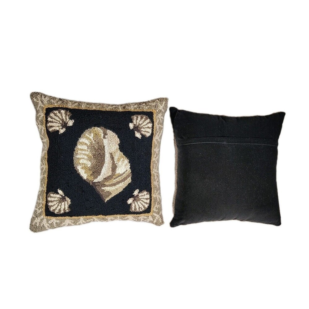 Set of 2 Coastal Seashell Hooked Throw Pillows Black Nautical Beach Cottage - Picture 4 of 8